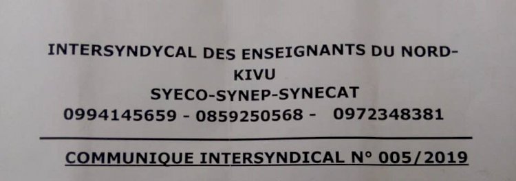 Nord-Kivu : L'Intersyndical appelle les enseignants à reprendre les activités scolaires